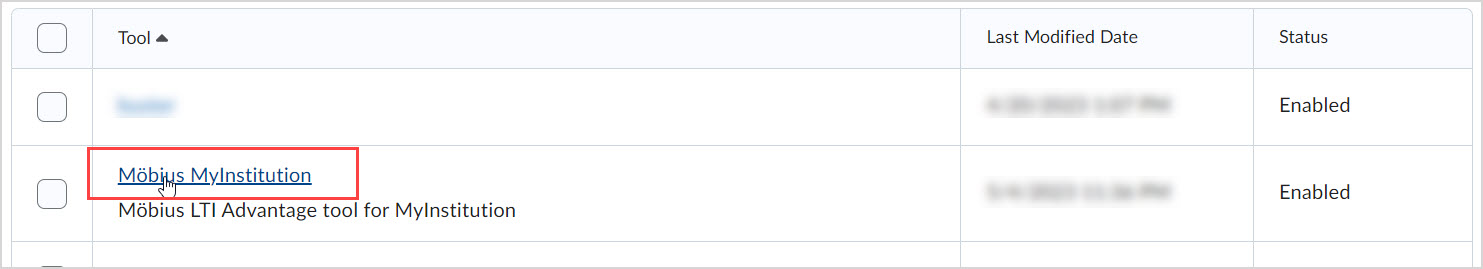 Tool in Table The Mobius MyInstitution tool is highlighted in the table under the Tool column.